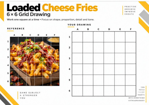 Loaded Cheese Fries Grid Drawing Worksheet | 6 × 6 Observational Drawing | KS3 & KS4 Art