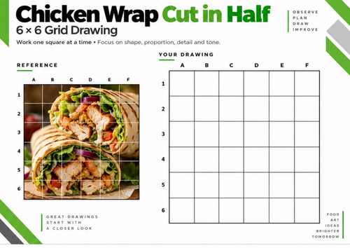 Chicken Wrap Cut in Half Grid Drawing Worksheet | 6 × 6 Food Drawing | KS3 & KS4 Art