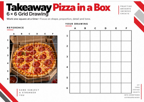 Takeaway Pizza in a Box Grid Drawing Worksheet | 6 × 6 Observational Drawing | KS3 & KS4 Art