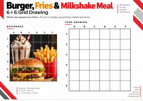 Burger, Fries & Milkshake Grid Drawing Worksheet | 6 × 6 Fast Food Still Life | KS3 & KS4 Art