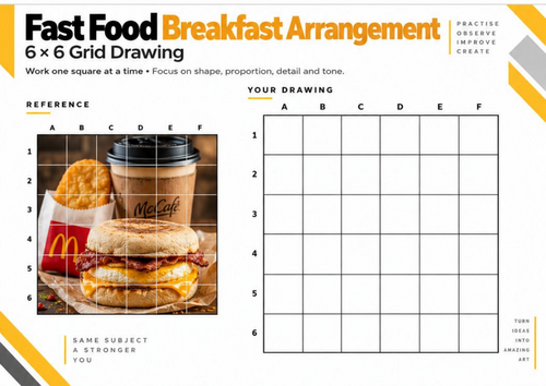 Fast Food Breakfast Grid Drawing Worksheet | 6 × 6 Still Life Drawing | KS3 & KS4 Art