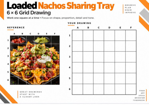 Loaded Nachos Sharing Tray Grid Drawing Worksheet | 6 × 6 Texture Drawing | KS3 & KS4 Art