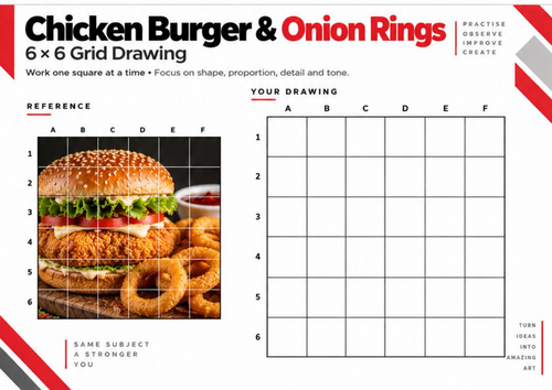 Chicken Burger & Onion Rings Grid Drawing Worksheet | 6 × 6 Food Drawing | KS3 & KS4 Art