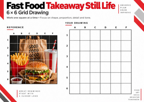 Fast Food Takeaway Still Life Grid Drawing Worksheet | 6 × 6 Composition | KS3 & KS4 Art