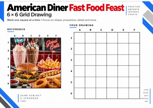 American Diner Fast Food Feast Grid Drawing Worksheet | 6 × 6 Still Life | KS3 & KS4 Art