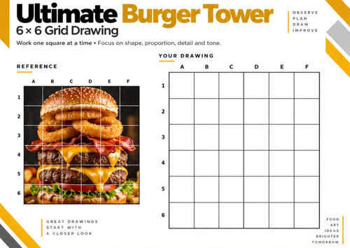 Ultimate Burger Tower Grid Drawing Worksheet | 6 × 6 Detailed Food Drawing | KS3 & KS4 Art