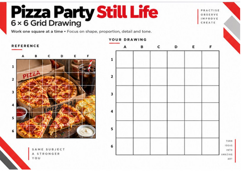 Pizza Party Still Life Grid Drawing Worksheet | 6 × 6 Observational Drawing | KS3 & KS4 Art