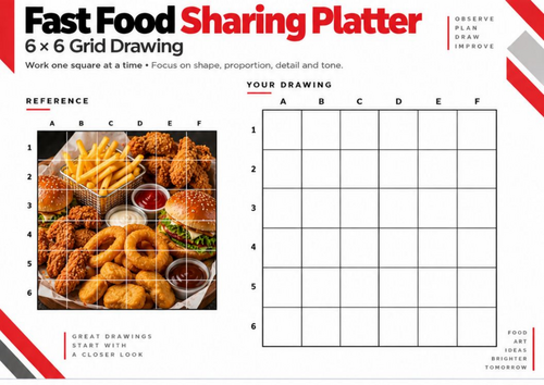 Fast Food Sharing Platter Grid Drawing Worksheet | 6 × 6 Food Still Life | KS3 & KS4 Art