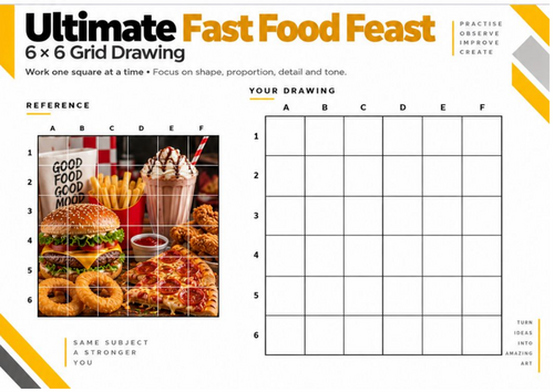 Ultimate Fast Food Feast Grid Drawing Worksheet | 6 × 6 Detailed Still Life | KS3 & KS4 Art
