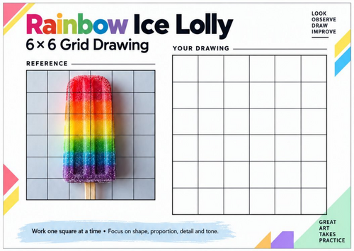 Rainbow Ice Lolly Grid Drawing Worksheet | Colourful Food Art | KS3 & KS4