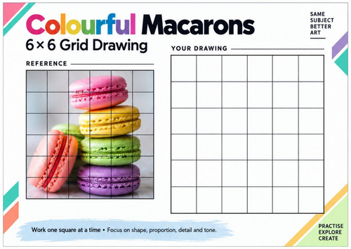 Colourful Macarons Grid Drawing Worksheet | Food Observational Art | KS3 & KS4