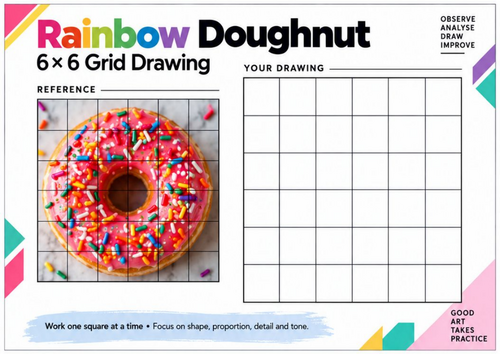 Rainbow Doughnut Grid Drawing Worksheet | Colourful Food Drawing | KS3 & KS4