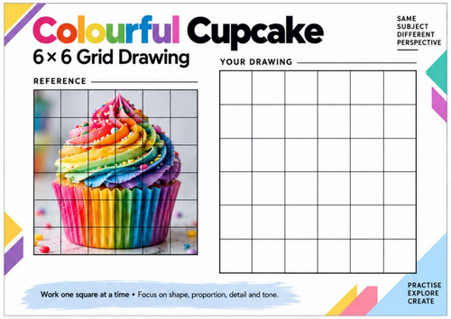 Colourful Cupcake Grid Drawing Worksheet | Sweet Treats Art | KS3 & KS4