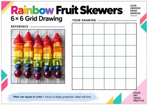 Rainbow Fruit Skewers Grid Drawing Worksheet | Fruit Art Activity | KS3 & KS4