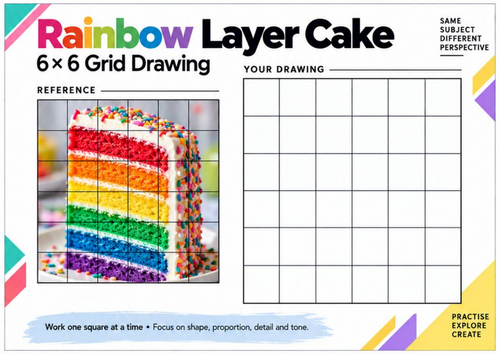 Rainbow Layer Cake Grid Drawing Worksheet | Colourful Cake Art | KS3 & KS4