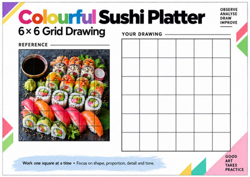 Colourful Sushi Platter Grid Drawing Worksheet | Food Still Life Art | KS3 & KS4