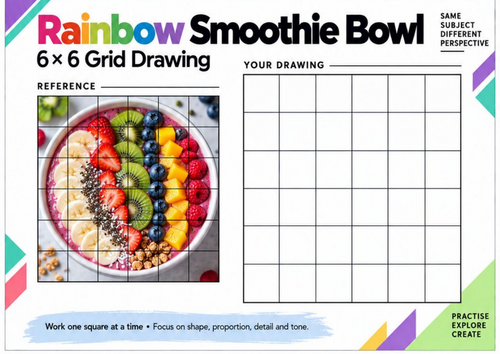 Rainbow Smoothie Bowl Grid Drawing Worksheet | Colourful Food Art | KS3 & KS4