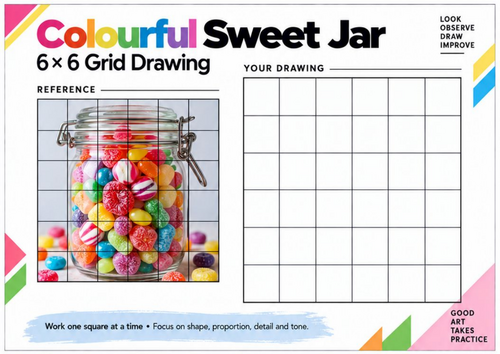 Colourful Sweet Jar Grid Drawing Worksheet | Sweets Still Life Art | KS3 & KS4