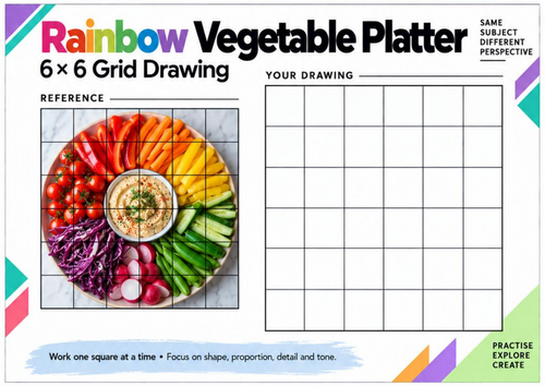 Rainbow Vegetable Platter Grid Drawing Worksheet | Vegetable Art | KS3 & KS4