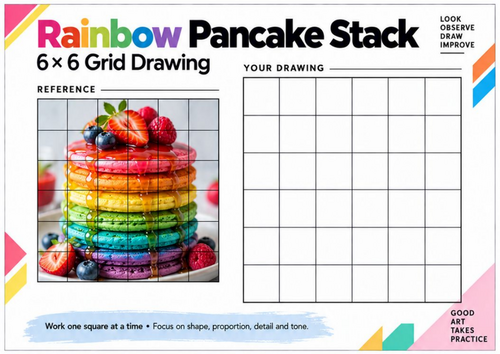 Rainbow Pancake Stack Grid Drawing Worksheet | Food Art Activity | KS3 & KS4