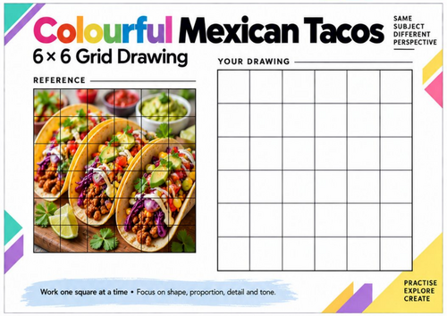 Colourful Mexican Tacos Grid Drawing Worksheet | Food Still Life Art | KS3 & KS4