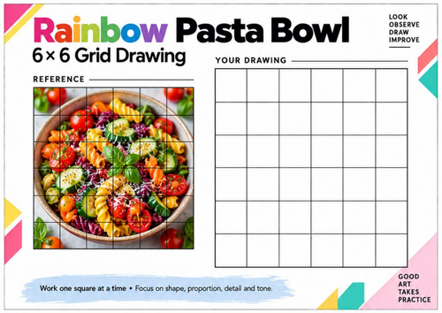 Rainbow Pasta Bowl Grid Drawing Worksheet | Colourful Food Drawing | KS3 & KS4