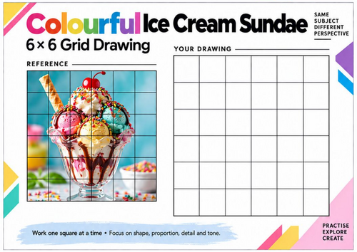 Colourful Ice Cream Sundae Grid Drawing Worksheet | Dessert Art | KS3 & KS4