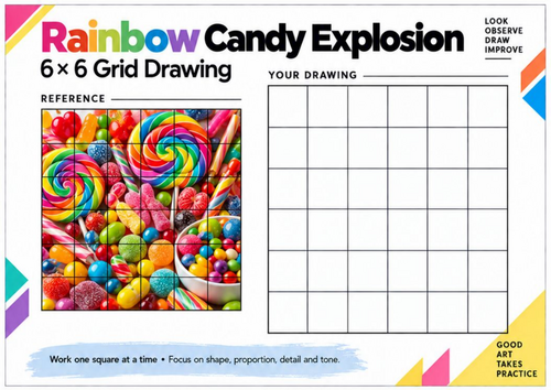 Rainbow Candy Explosion Grid Drawing Worksheet | Colourful Sweets Art | KS3 & KS4