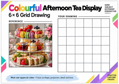 Colourful Afternoon Tea Grid Drawing Worksheet | Food Still Life Art | KS3 & KS4