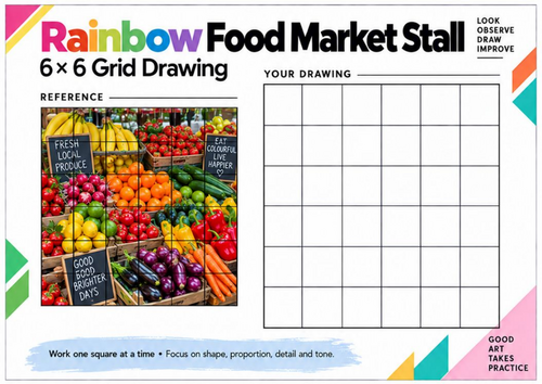 Rainbow Food Market Stall Grid Drawing Worksheet | Colourful Food Art | KS3 & KS4