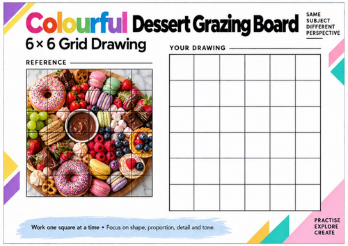 Colourful Dessert Grazing Board Grid Drawing Worksheet | Sweet Treats Art | KS3 & KS4