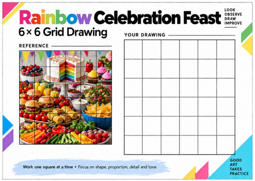 Rainbow Celebration Feast Grid Drawing Worksheet | Colourful Food Art | KS3 & KS4