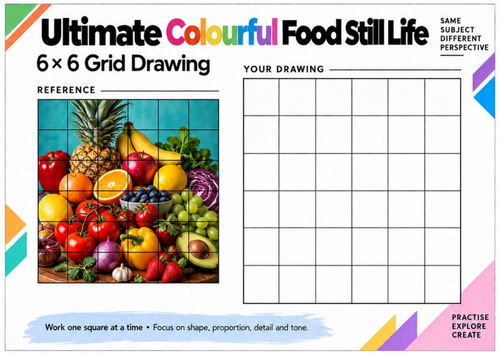 Ultimate Colourful Food Still Life Grid Drawing Worksheet | Observational Art | KS3 & KS4