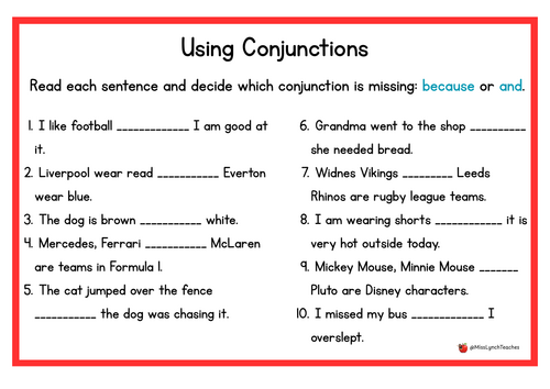 Year 2 Conjunctions Activity - Using and/because