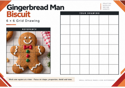 Gingerbread Man Biscuit Grid Drawing Worksheet | Food Art | KS3 & KS4