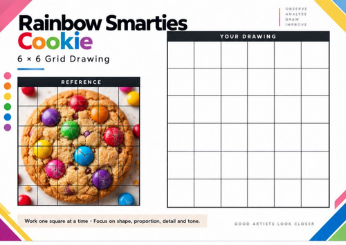 Rainbow Smarties Cookie Grid Drawing Worksheet | Colour & Texture | KS3 & KS4