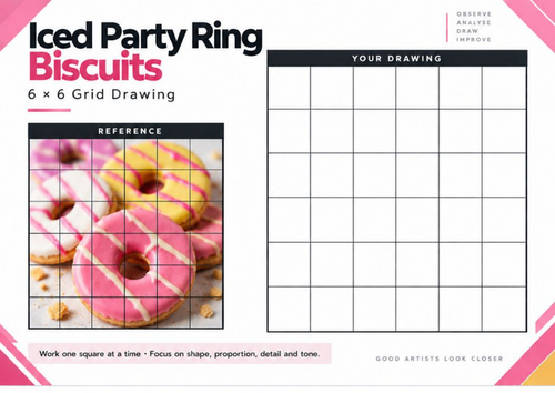 Iced Party Ring Biscuits Grid Drawing Worksheet | Colourful Food Art | KS3 & KS4