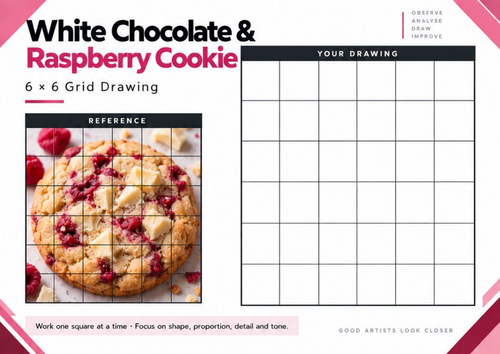 White Chocolate & Raspberry Cookie Grid Drawing Worksheet | Food Art | KS3 & KS4
