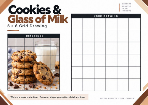 Cookies & Glass of Milk Grid Drawing Worksheet | Food Still Life | KS3 & KS4