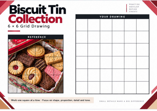 Biscuit Tin Collection Grid Drawing Worksheet | Food Still Life | KS3 & KS4