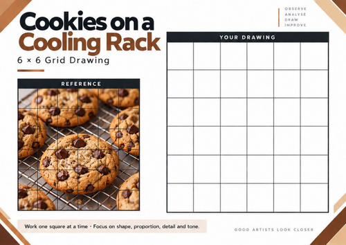 Cookies on a Cooling Rack Grid Drawing Worksheet | Food Still Life | KS3 & KS4