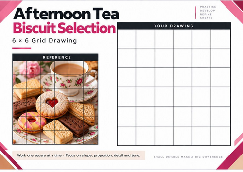 Afternoon Tea Biscuit Selection Grid Drawing Worksheet | Still Life Art | KS3 & KS4