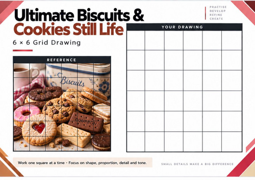 Ultimate Biscuits & Cookies Still Life Grid Drawing Worksheet | GCSE Art | KS3 & KS4