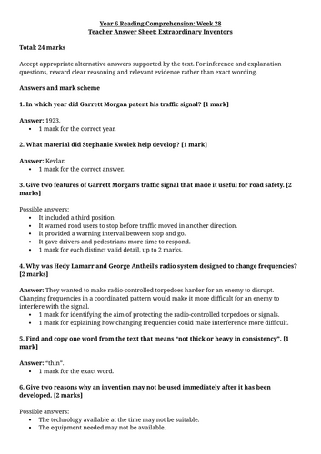Year 6 Reading Comprehension Week 28 - Reading and Answers | Teaching ...