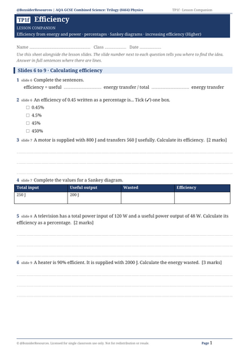 TP1f Efficiency | AQA GCSE Combined Science Trilogy | Lesson + Worksheet