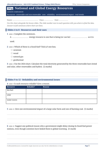 TP1g National and Global Energy Resources | AQA GCSE Combined Science Trilogy | Lesson + Worksheet