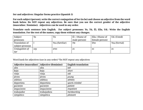 Ser and adjectives: Singular forms practice (Spanish 1)
