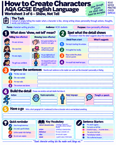 AQA GCSE English Language | Character Description & Development | 6 Creative Writing Worksheets