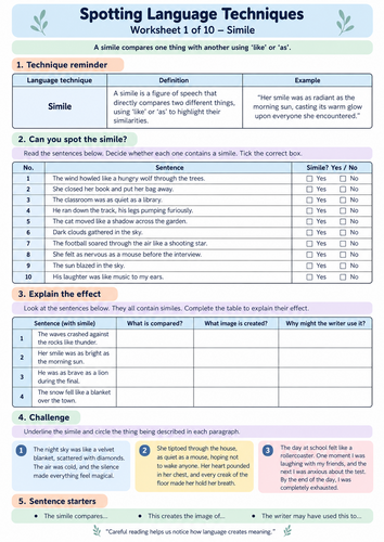 GCSE English Language | Spotting Language Techniques | 10 Worksheets & Analysis Practice