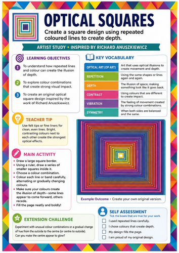 Richard Anuszkiewicz Optical Squares | Op Art Colour Theory & Geometric Drawing Worksheet | KS3 KS4